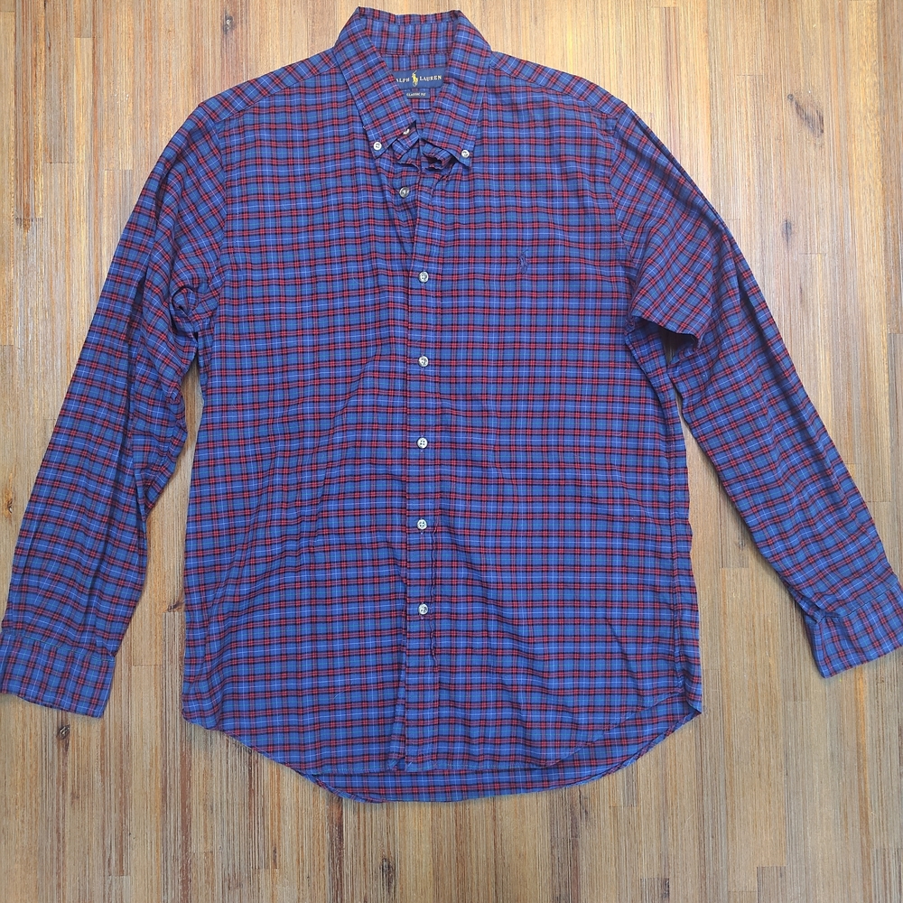 Ralph Lauren Button Down Shirt Men Medium Classic Fit Plaid Cotton Pony Logo L/S